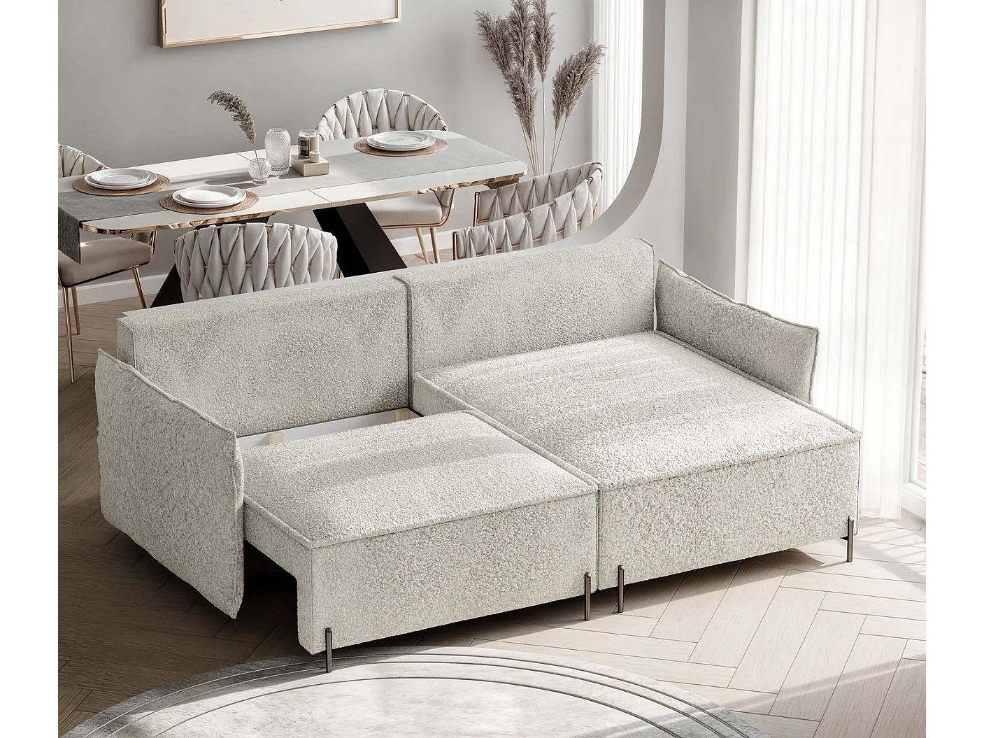 Canapé d'angle droit convertible, creme