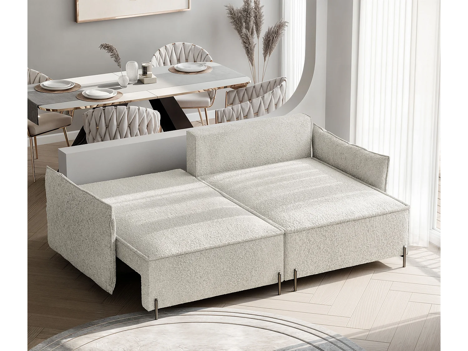 Canapé d'angle droit convertible, creme