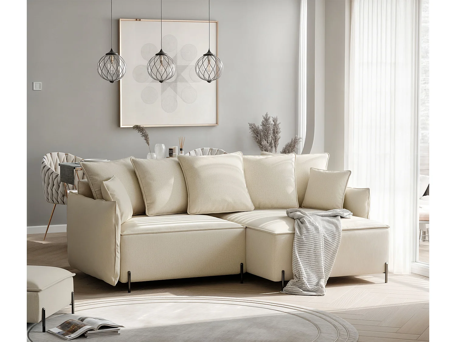 Canapé d'angle droit convertible, beige