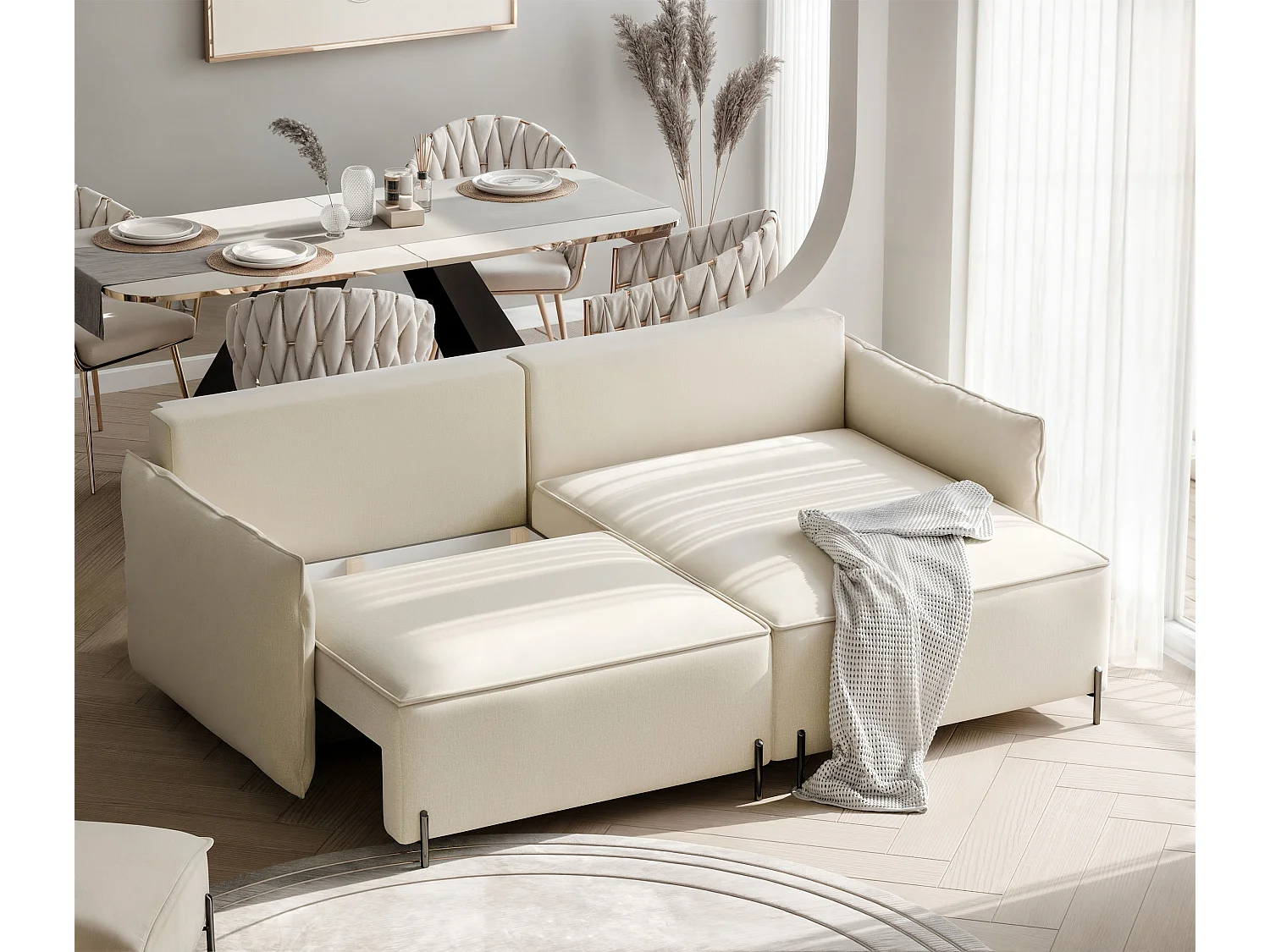 Canapé d'angle droit convertible, beige