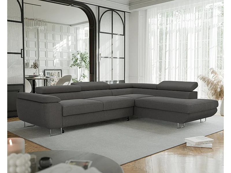 Canapé d'angle droit convertible en tissu gris foncé