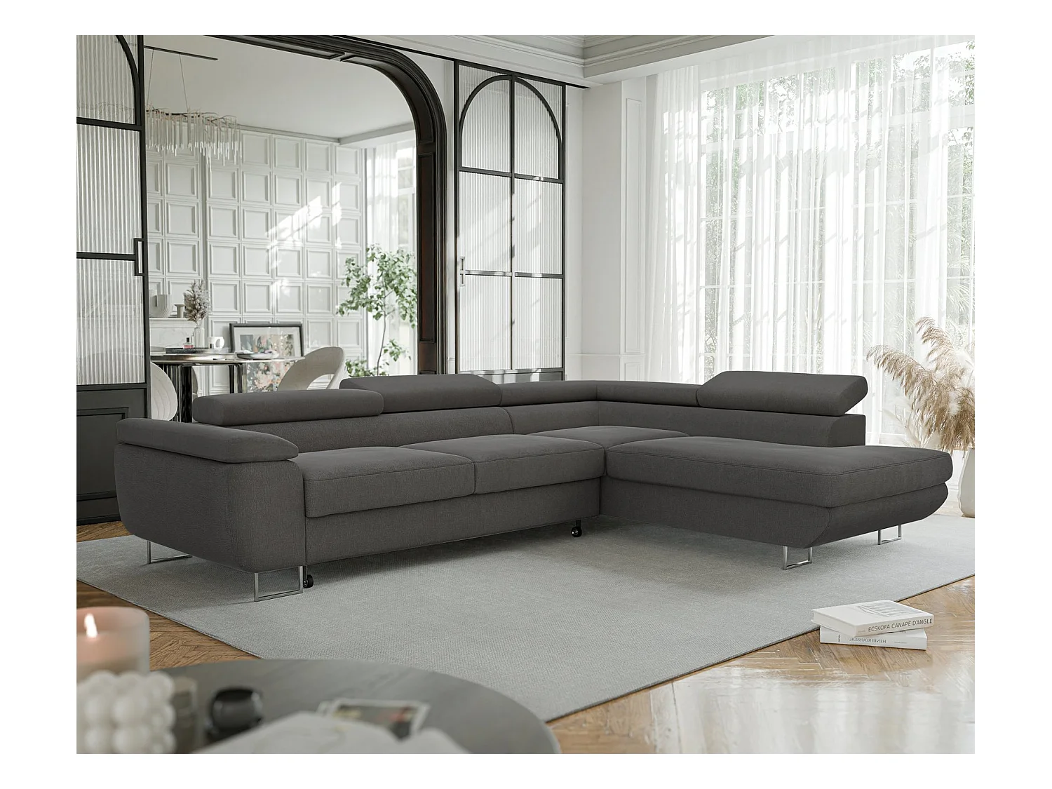 Canapé d'angle droit convertible en tissu gris foncé