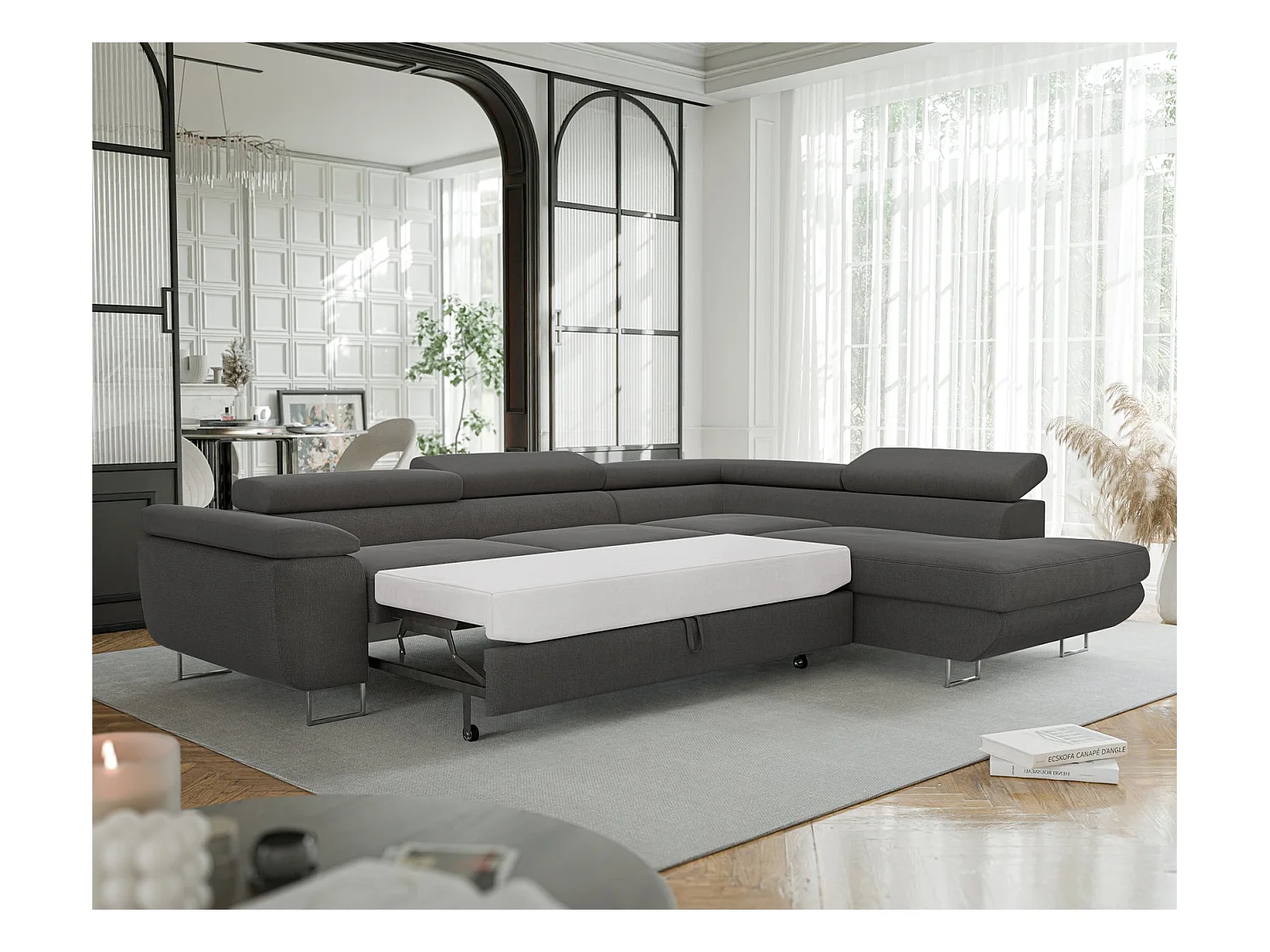 Canapé d'angle droit convertible en tissu gris foncé