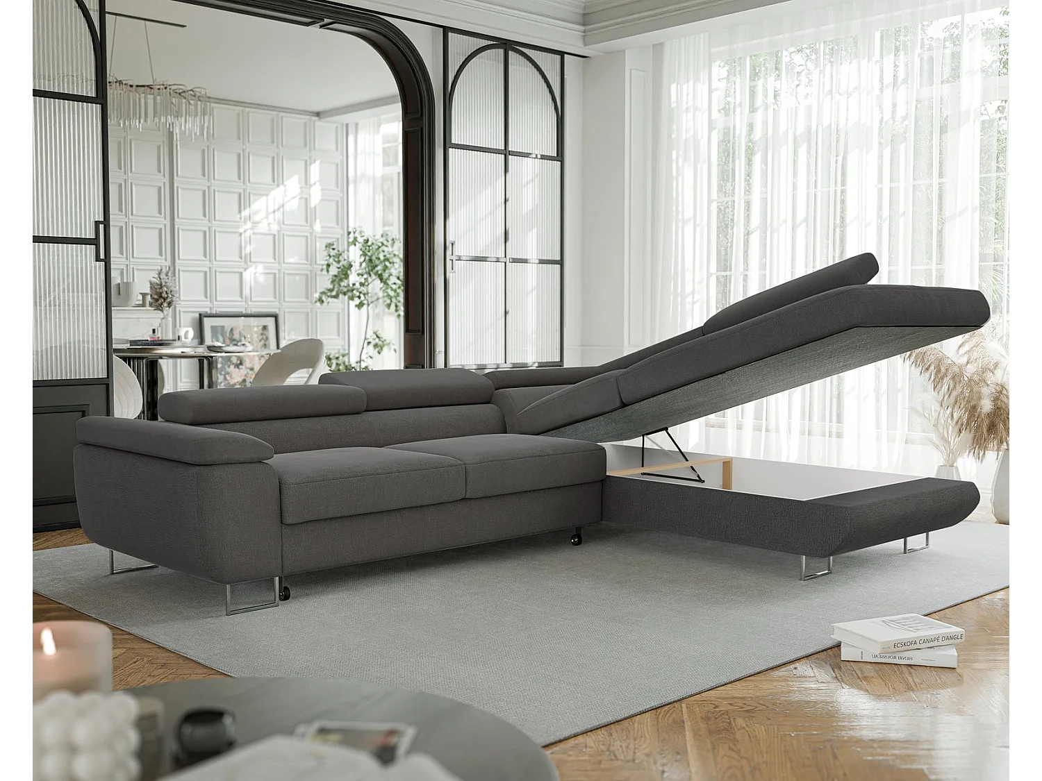 Canapé d'angle droit convertible en tissu gris foncé