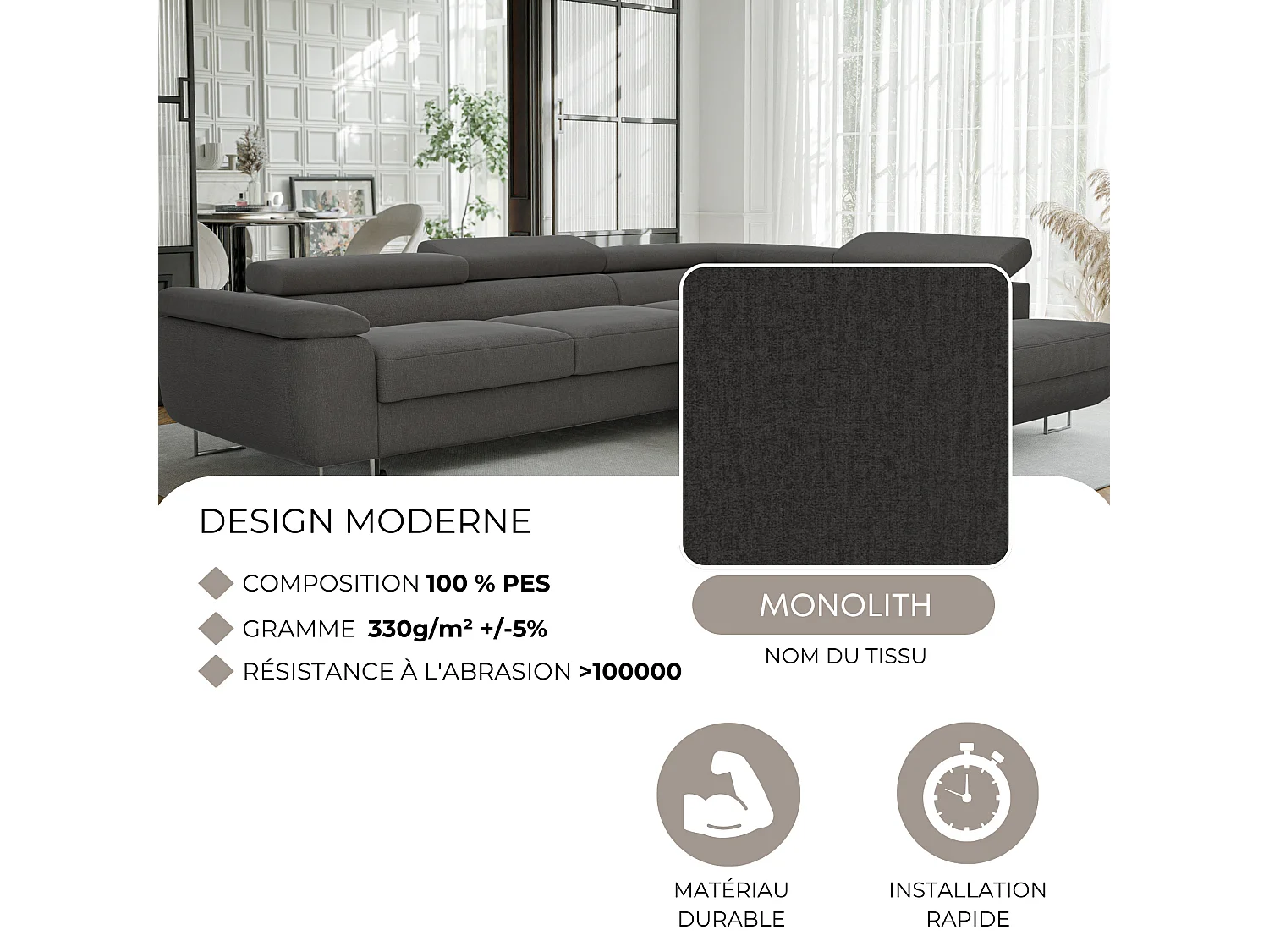 Canapé d'angle droit convertible en tissu gris foncé