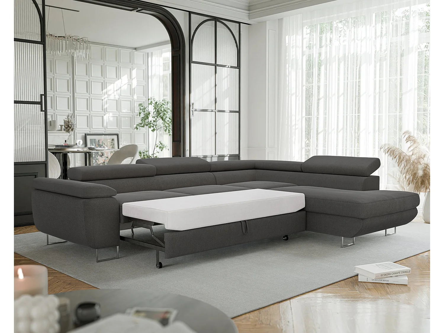 Canapé d'angle droit convertible en tissu gris foncé