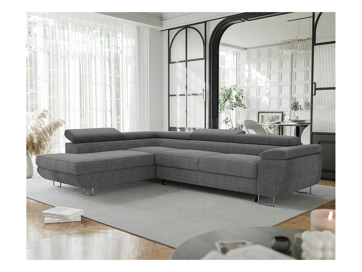 Canapé d'angle gauche convertible en tissu gris foncé