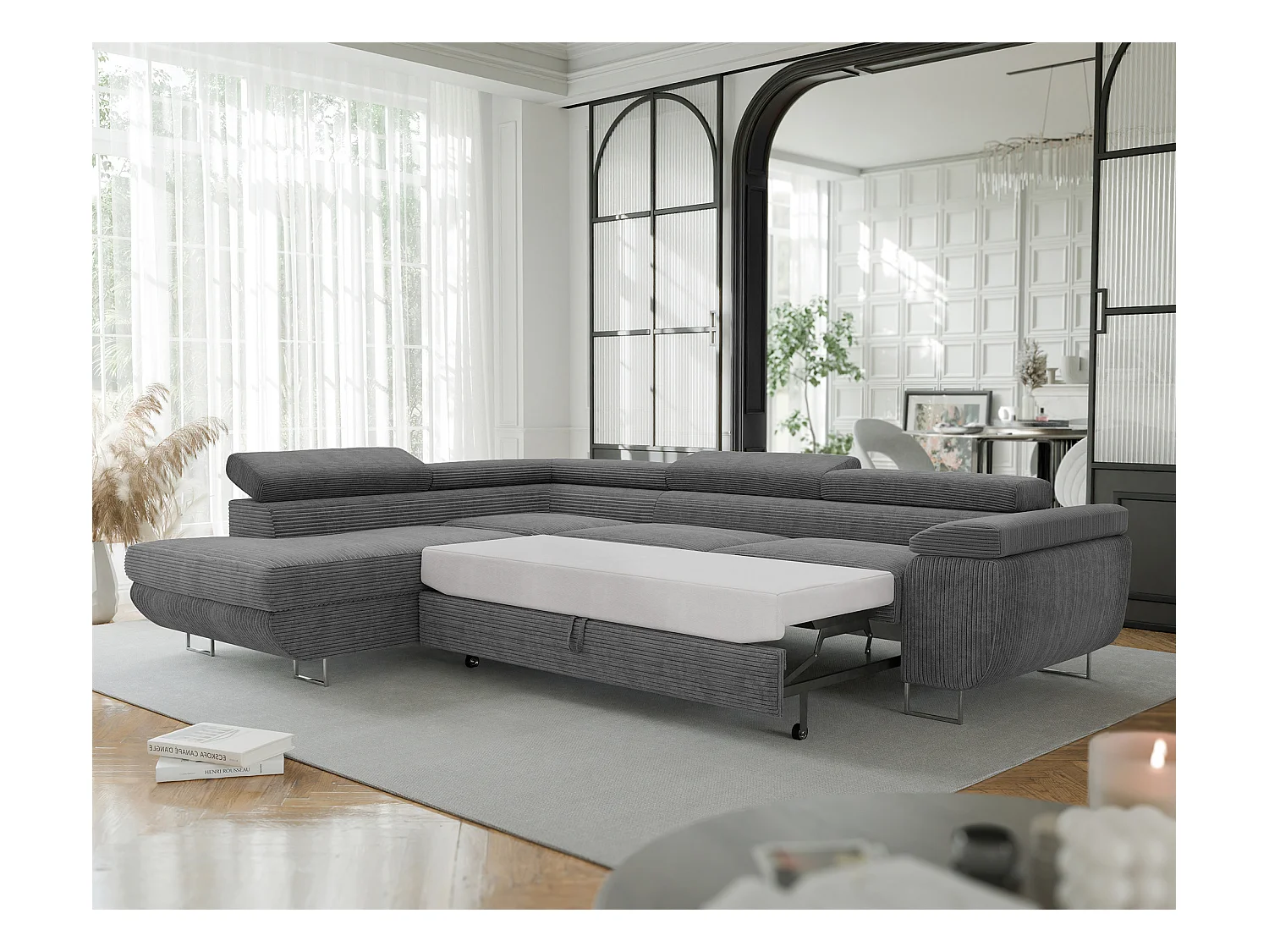 Canapé d'angle gauche convertible en tissu gris foncé