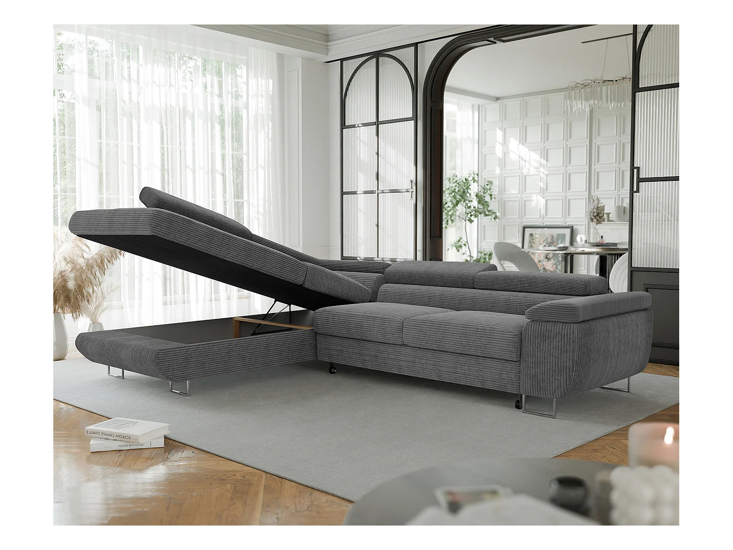 Canapé d'angle gauche convertible en tissu gris foncé