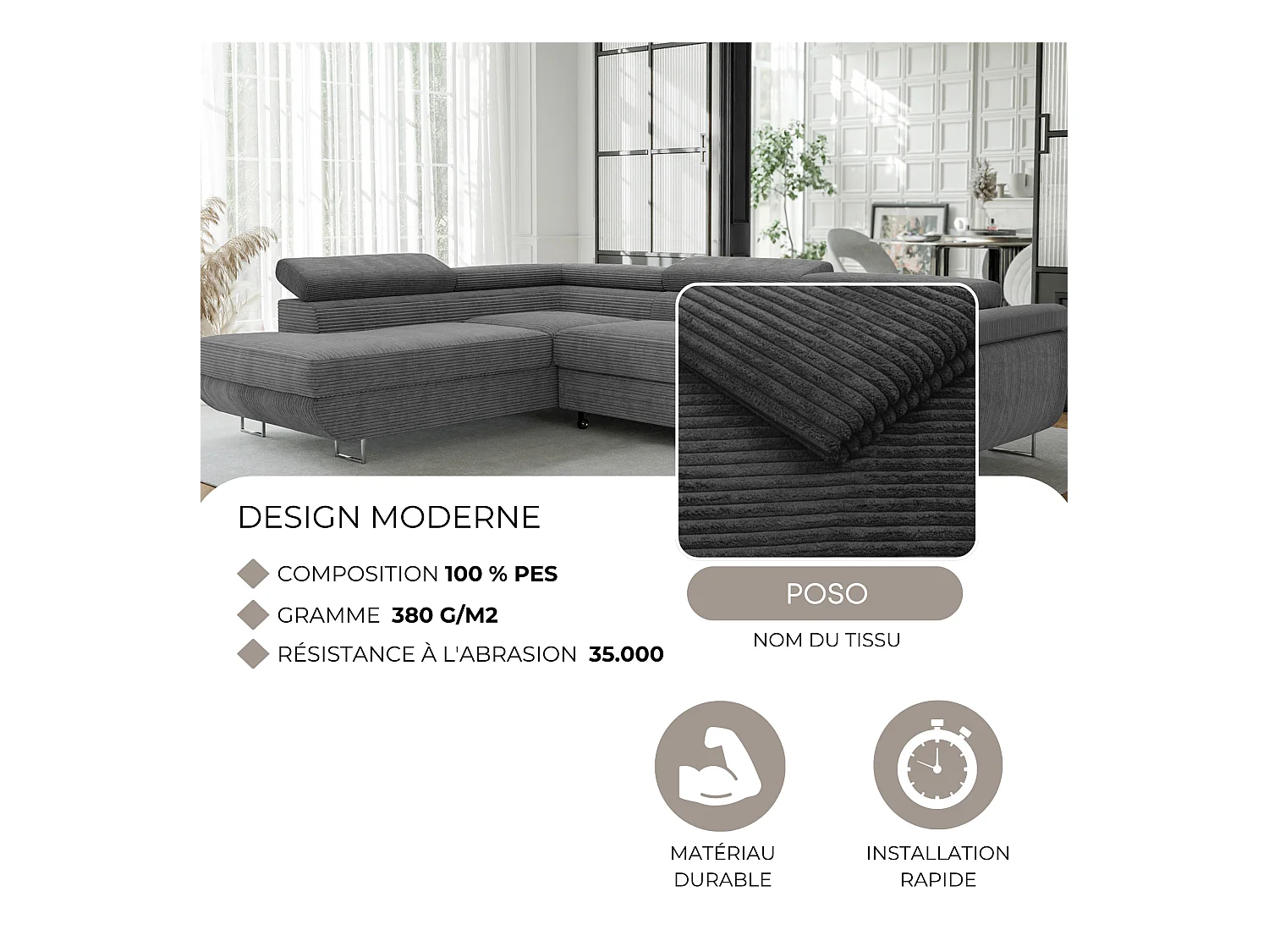 Canapé d'angle gauche convertible en tissu gris foncé