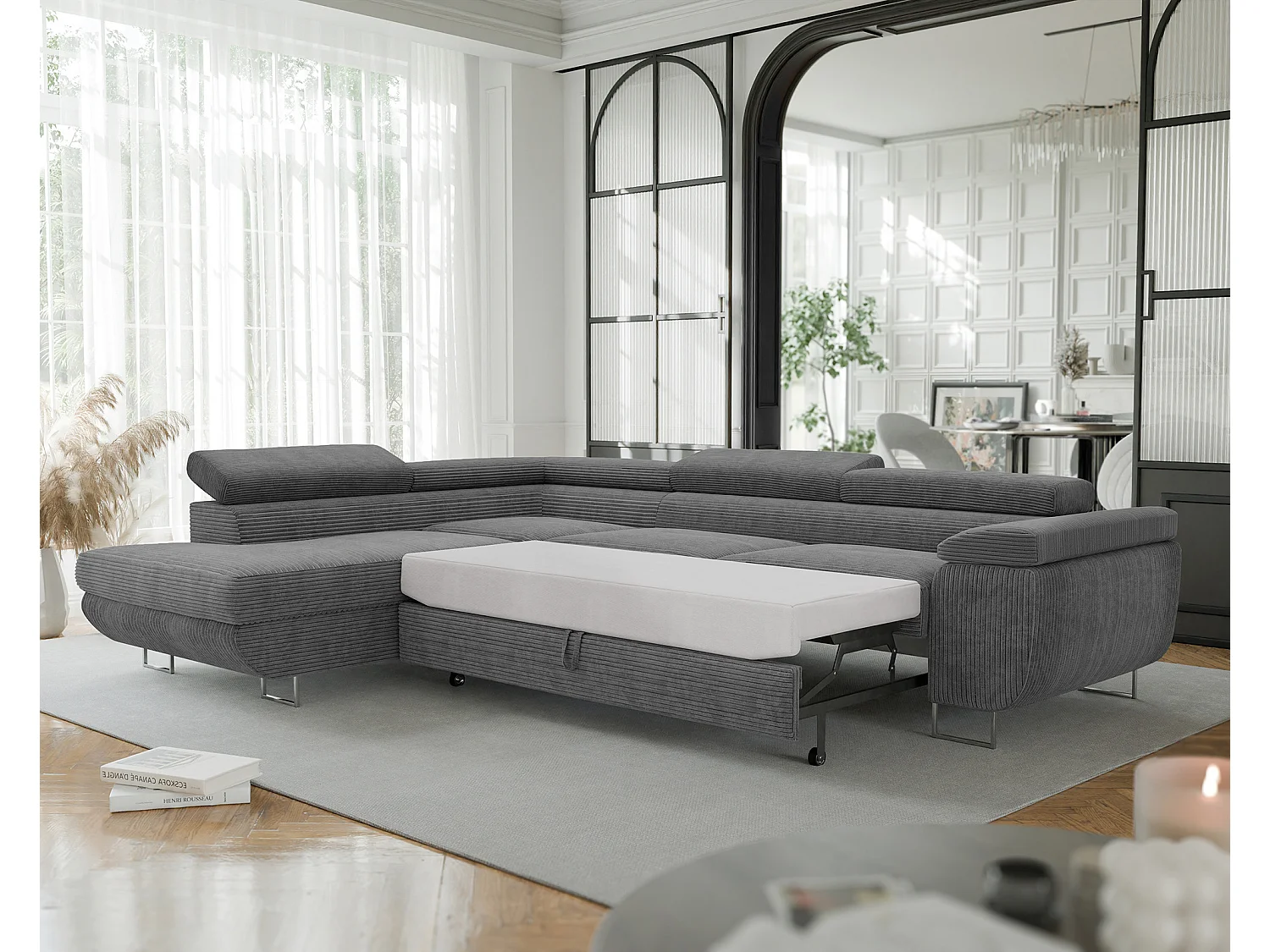 Canapé d'angle gauche convertible en tissu gris foncé