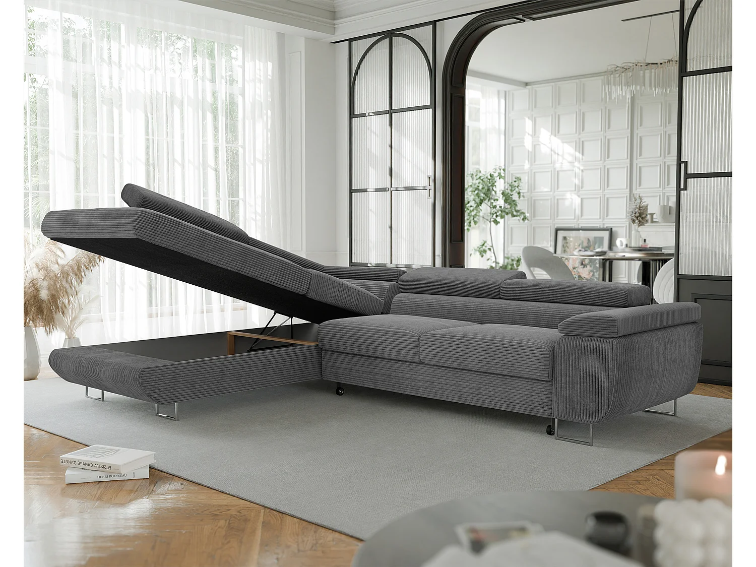 Canapé d'angle gauche convertible en tissu gris foncé