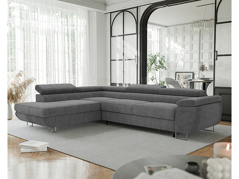 Canapé d'angle gauche convertible en tissu gris foncé