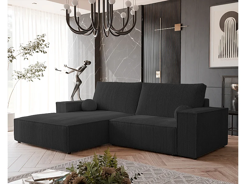 Canapé d'angle gauche convertible en velours côtelé, noir