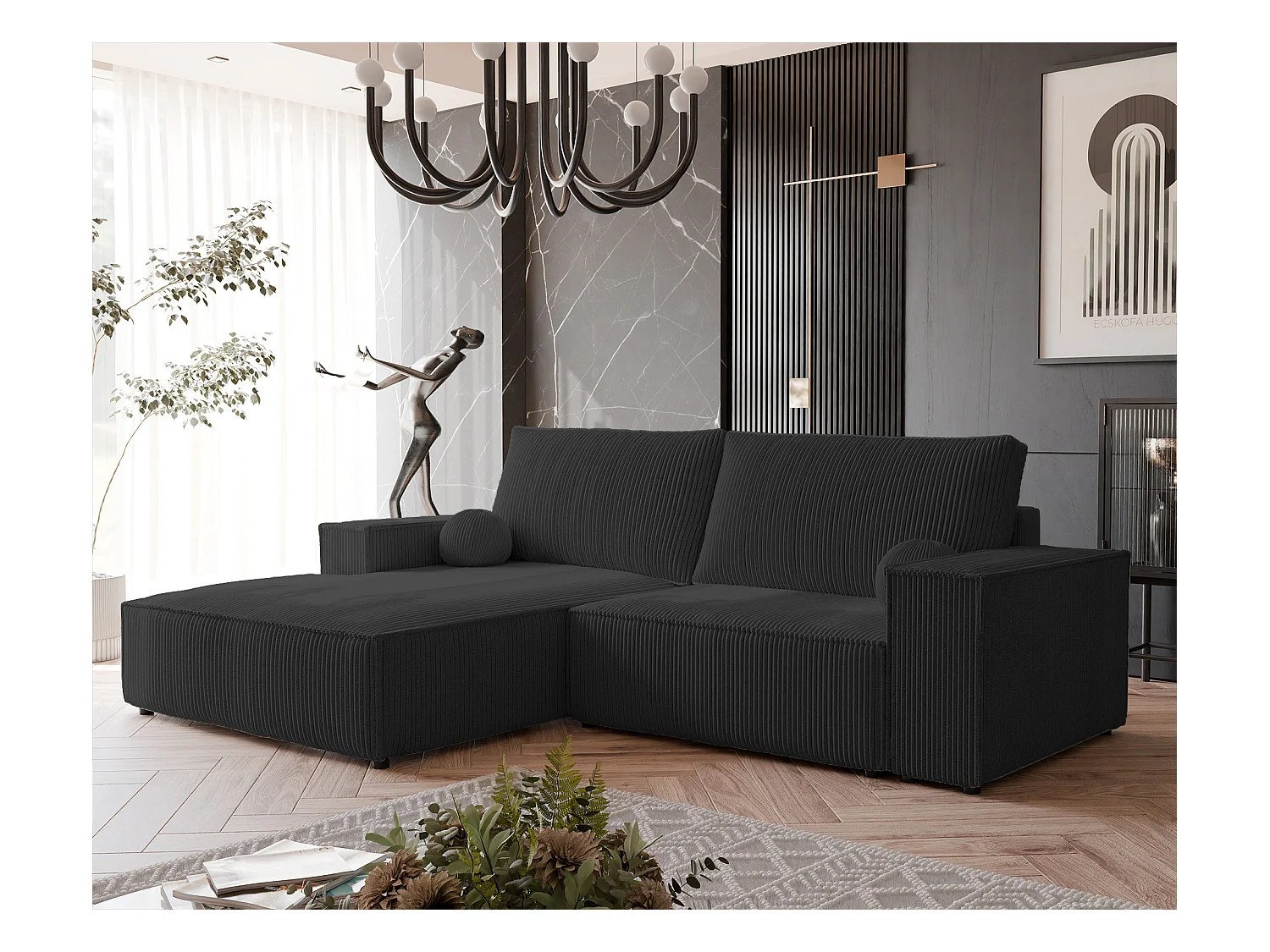 Canapé d'angle gauche convertible en velours côtelé, noir