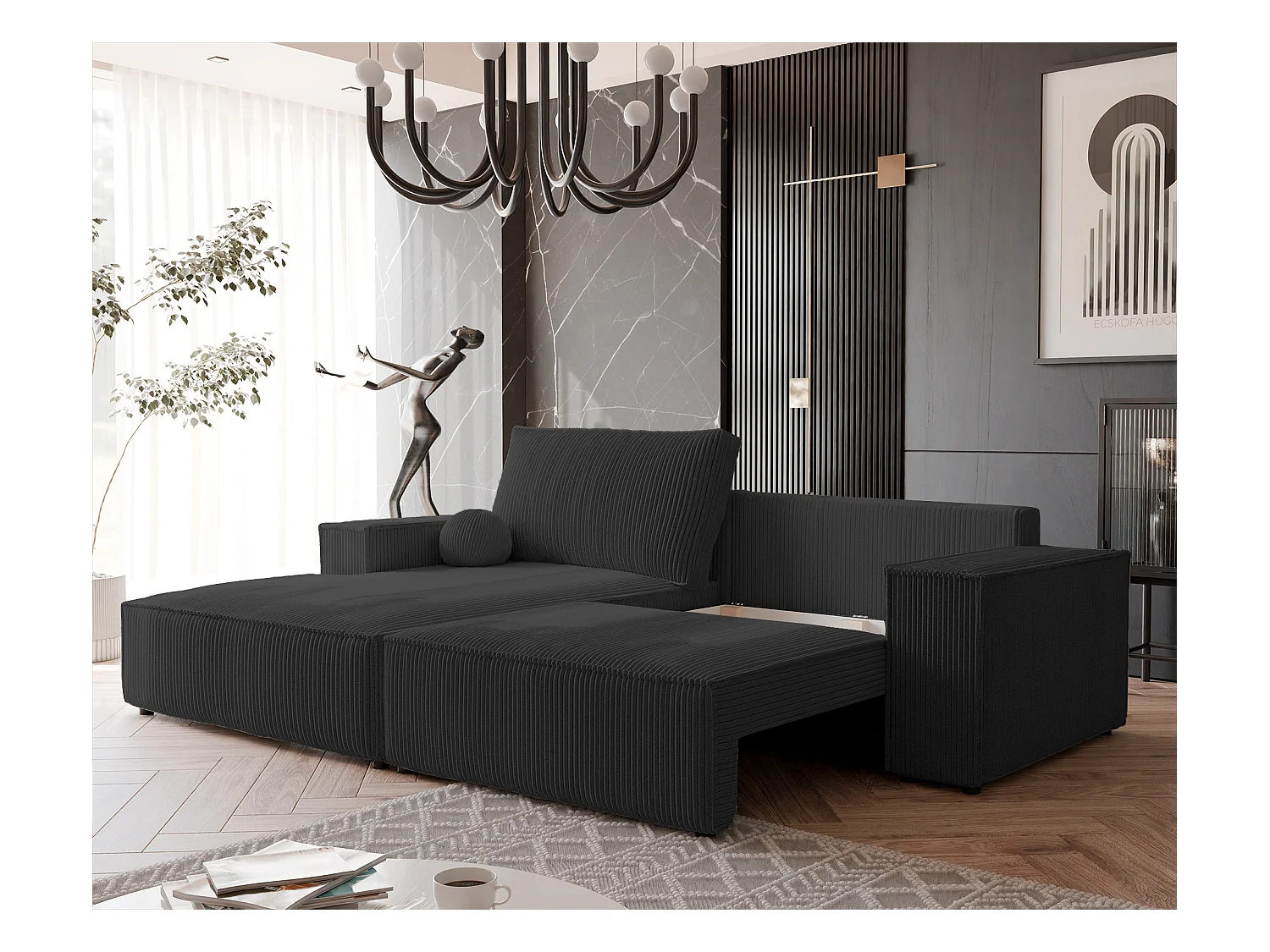 Canapé d'angle gauche convertible en velours côtelé, noir