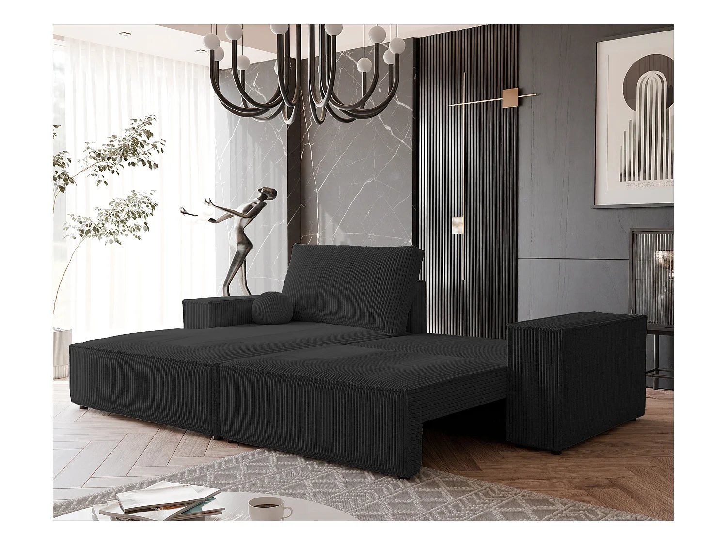 Canapé d'angle gauche convertible en velours côtelé, noir