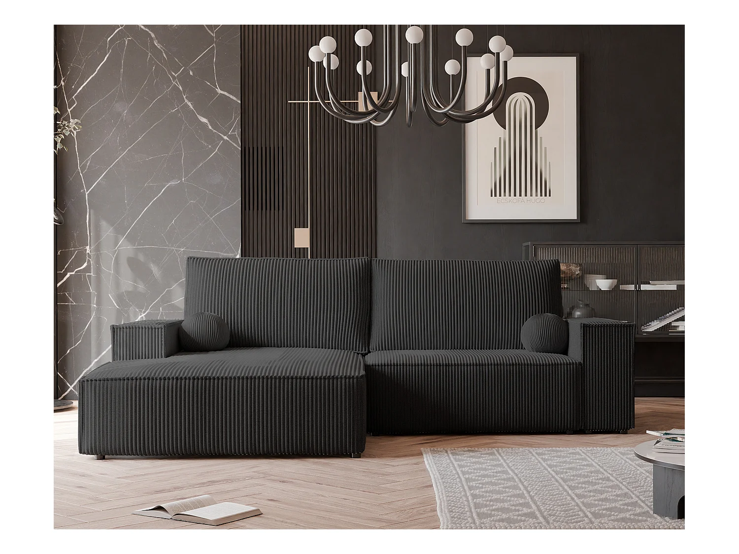 Canapé d'angle gauche convertible en velours côtelé, noir