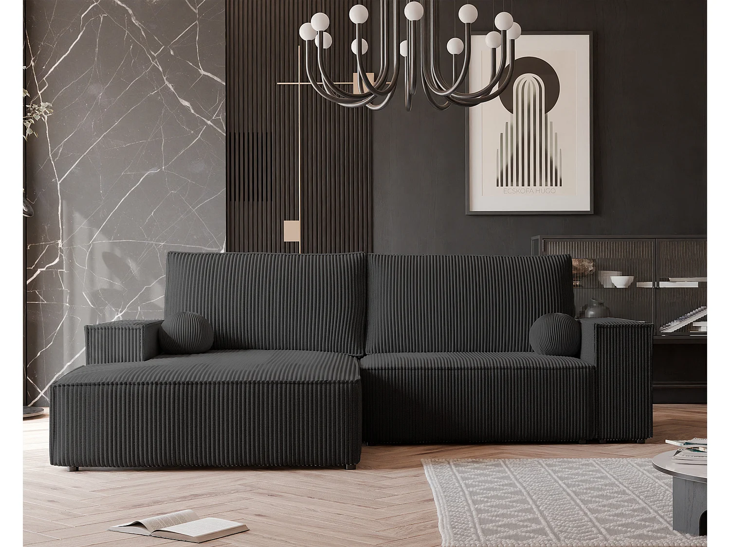 Canapé d'angle gauche convertible en velours côtelé, noir