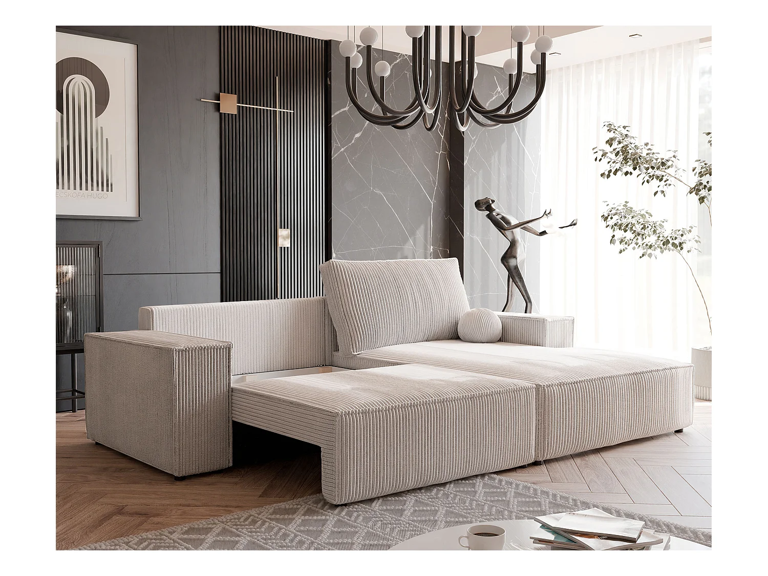 Canapé d'angle droit convertible en velours côtelé, beige