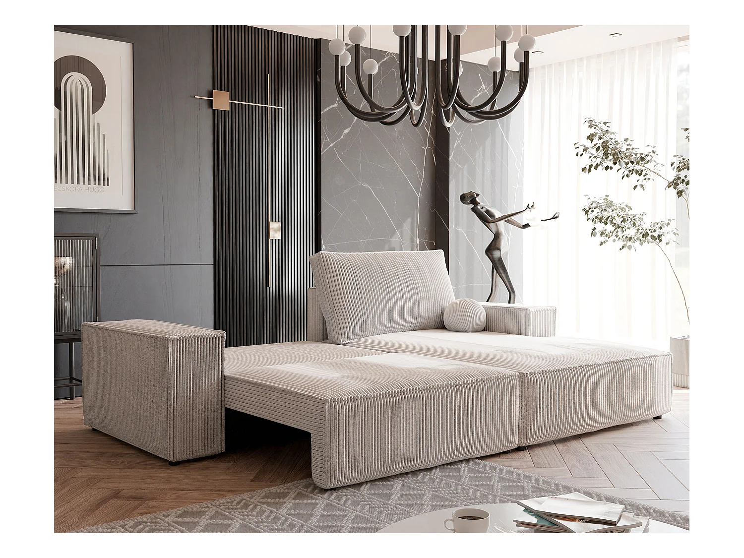 Canapé d'angle droit convertible en velours côtelé, beige