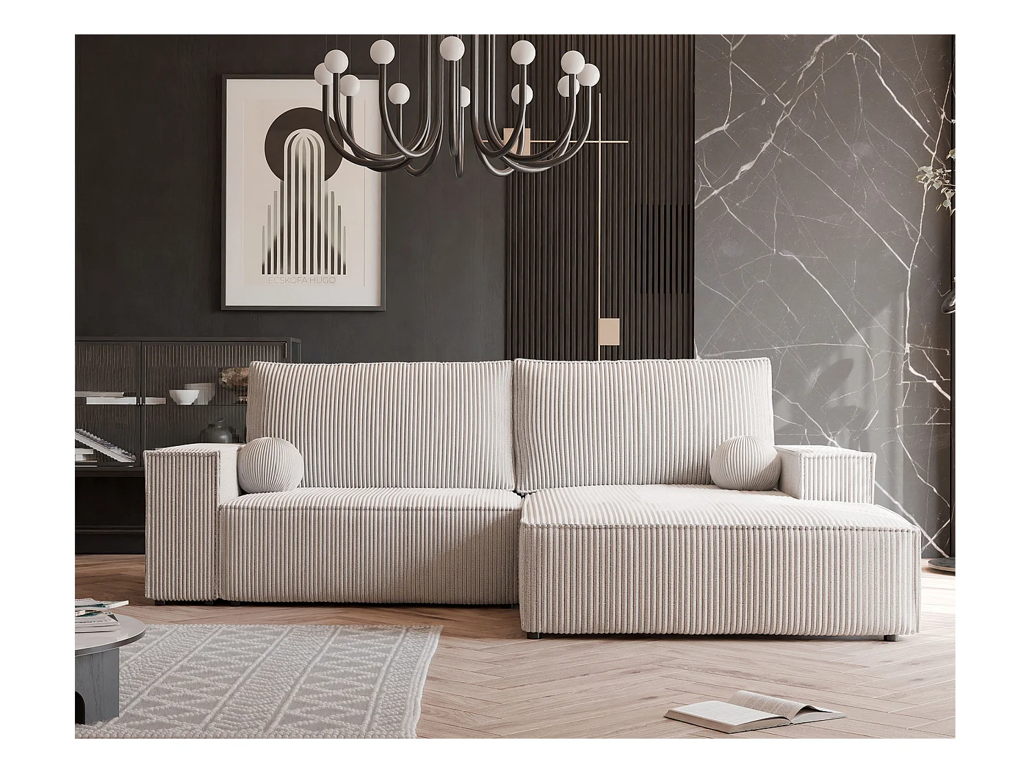 Canapé d'angle droit convertible en velours côtelé, beige