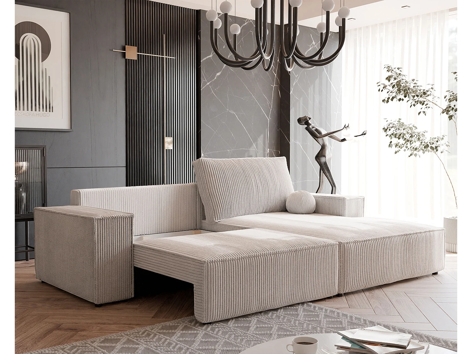 Canapé d'angle droit convertible en velours côtelé, beige