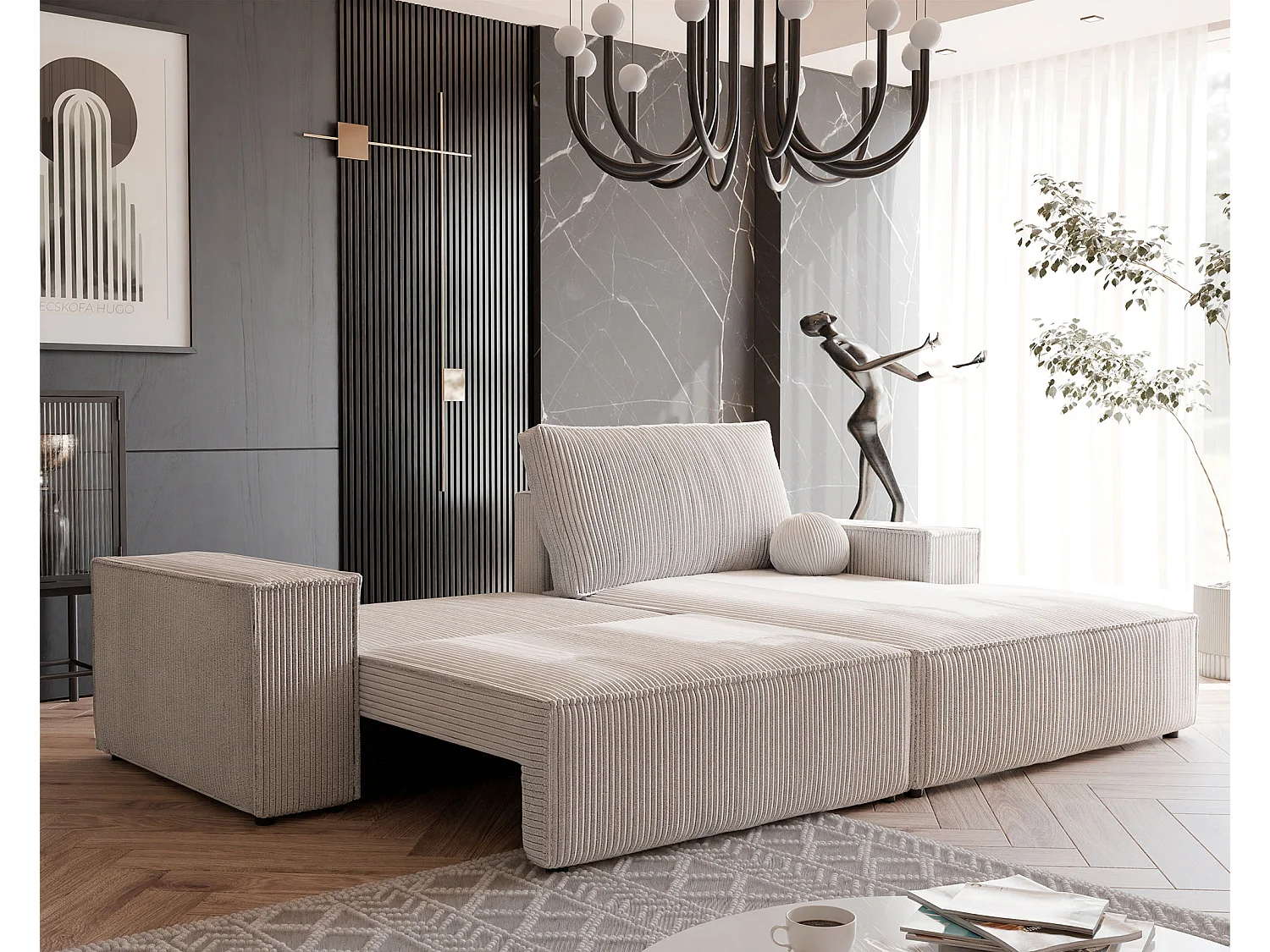 Canapé d'angle droit convertible en velours côtelé, beige