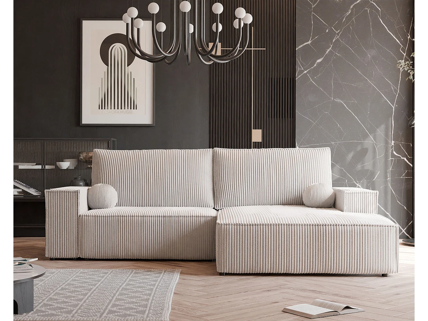 Canapé d'angle droit convertible en velours côtelé, beige