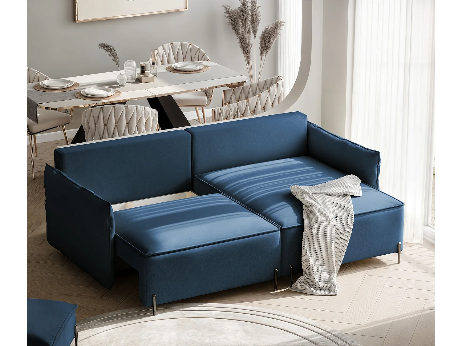 Canapé d'angle droit convertible, bleu