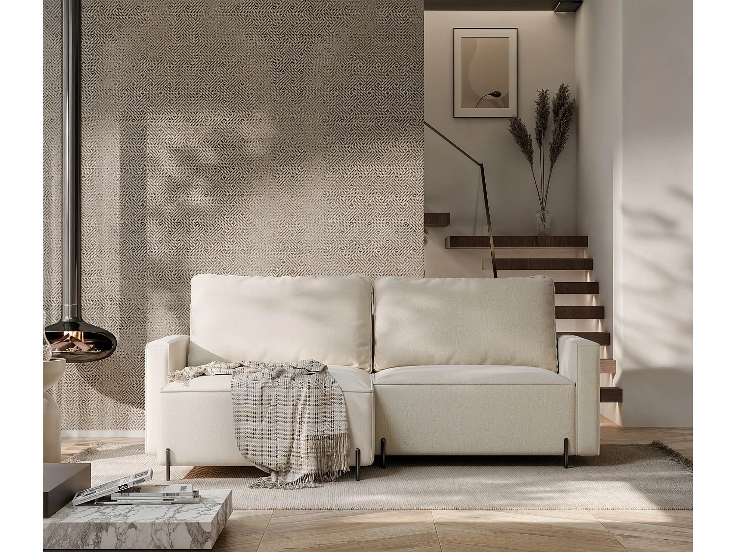 Canapé d'angle gauche convertible, beige