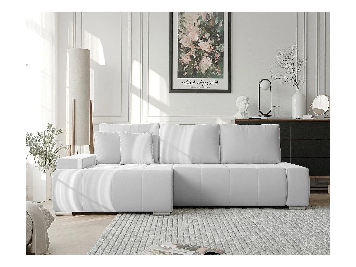 Canapé d'angle gauche convertible en velours, gris