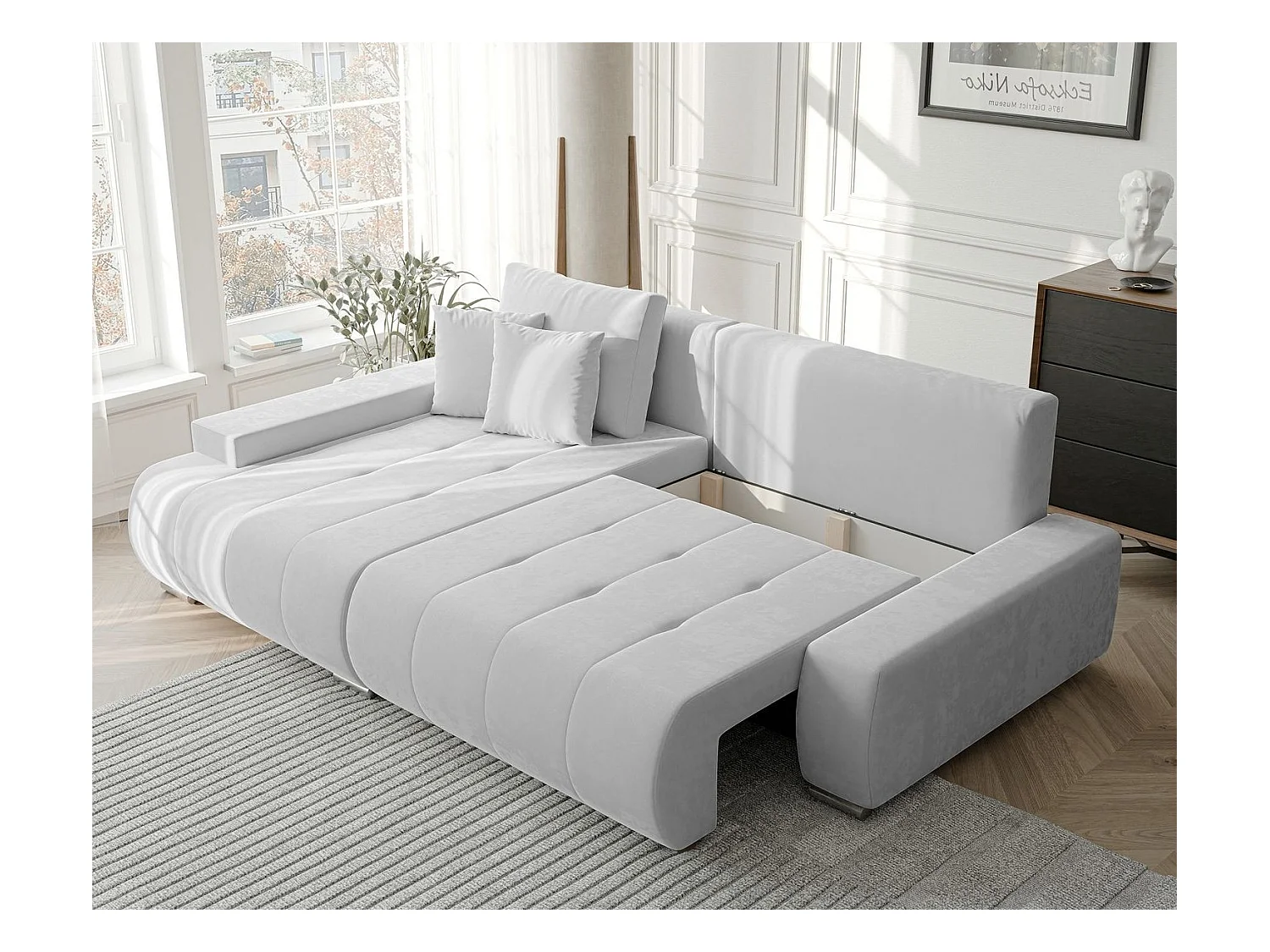 Canapé d'angle gauche convertible en velours, gris