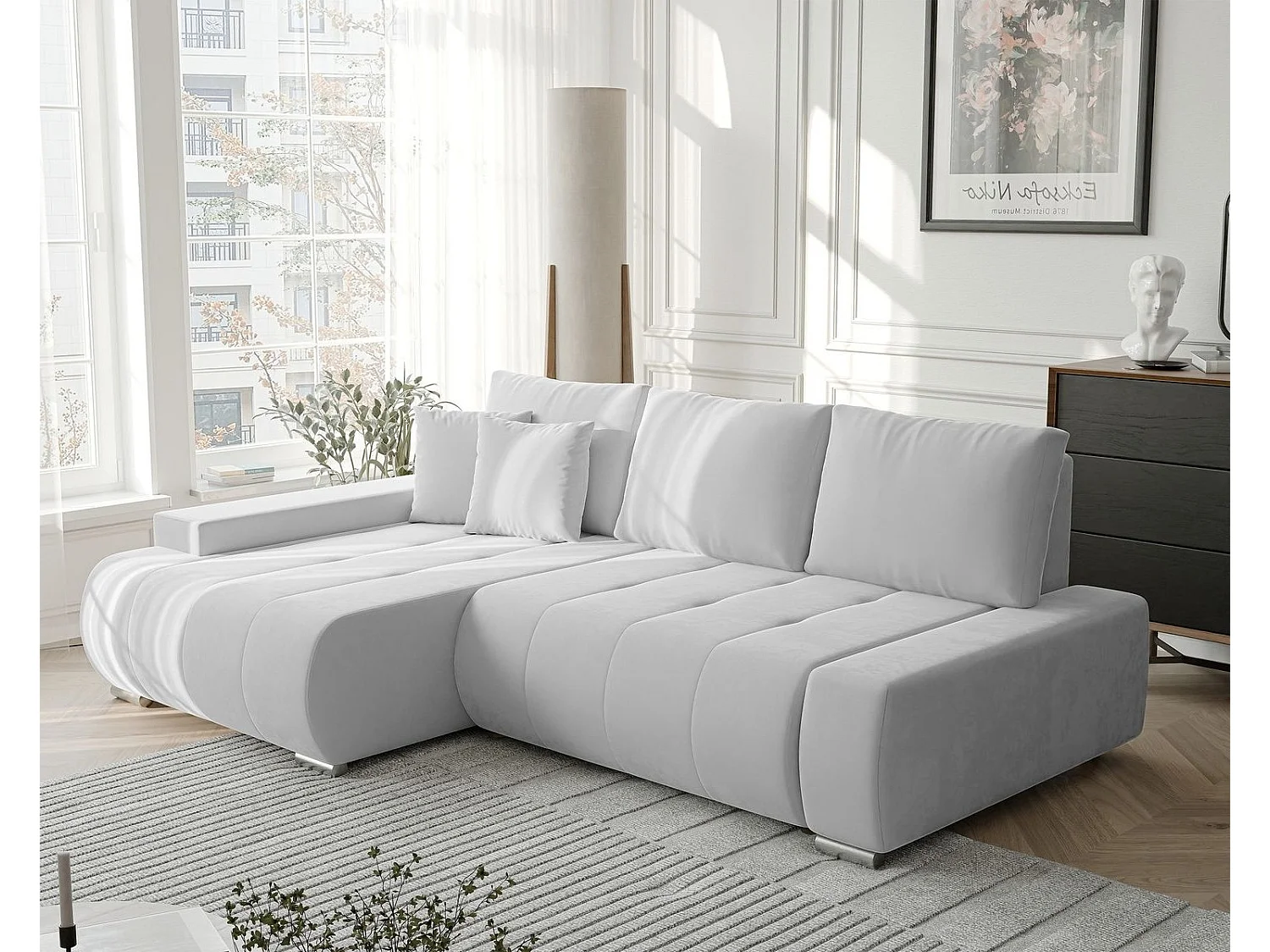 Canapé d'angle gauche convertible en velours, gris