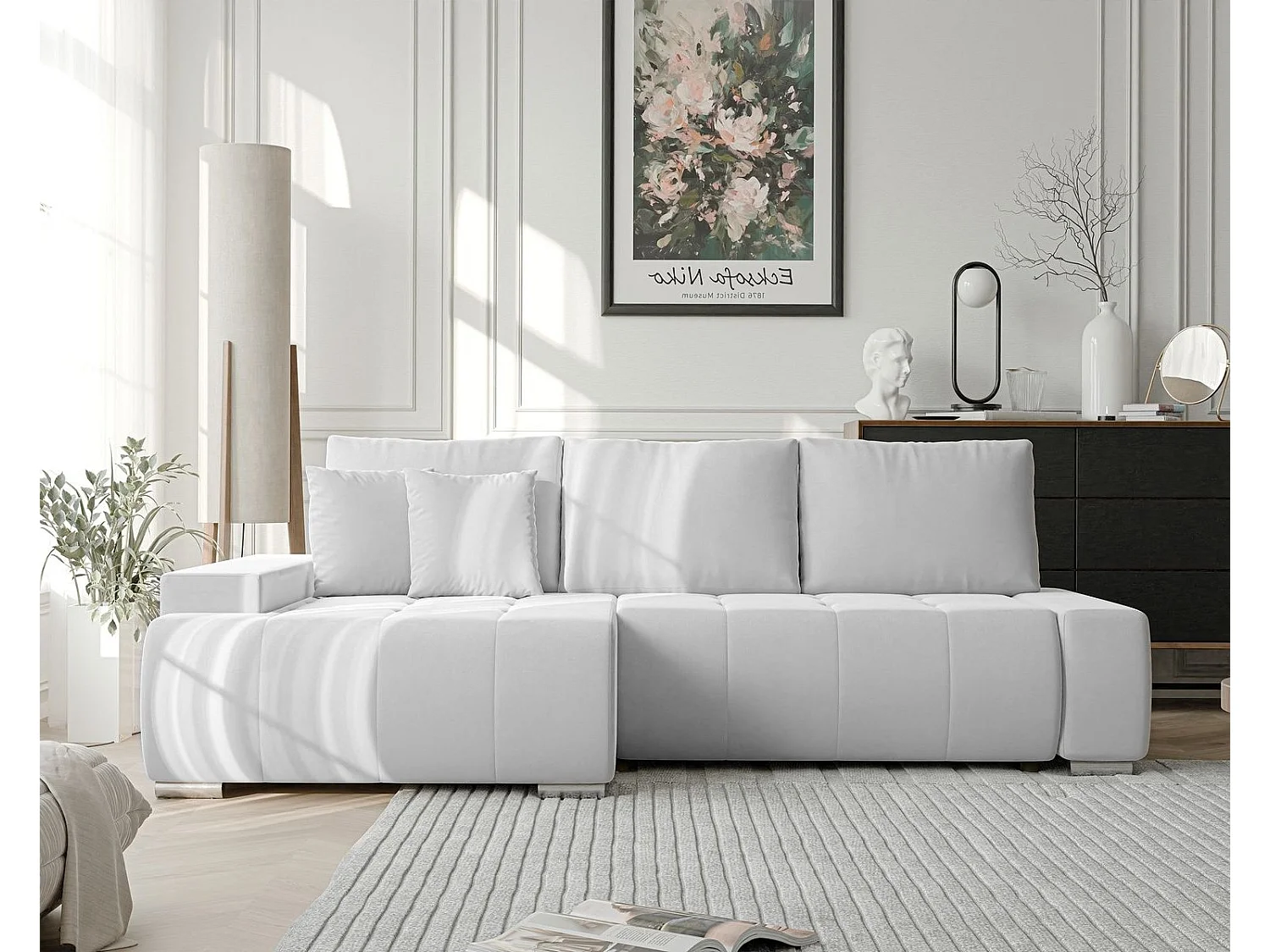 Canapé d'angle gauche convertible en velours, gris