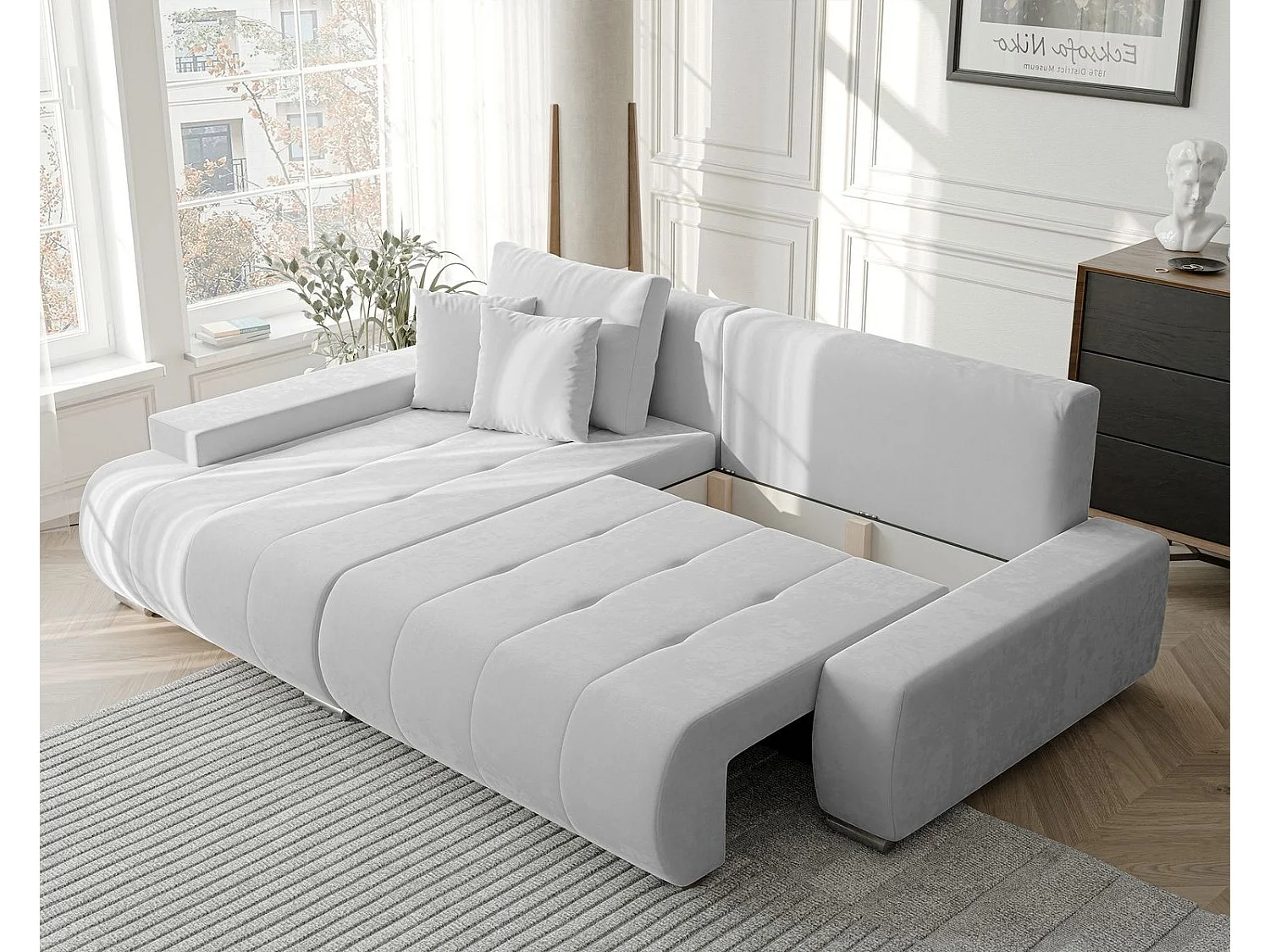 Canapé d'angle gauche convertible en velours, gris