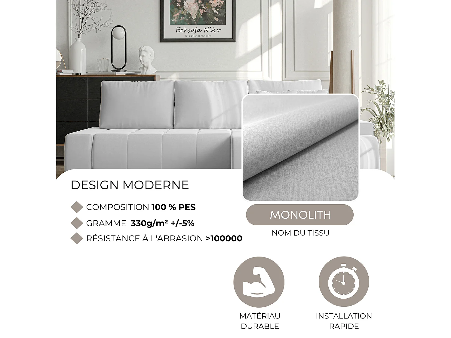 Canapé d'angle gauche convertible en velours, gris