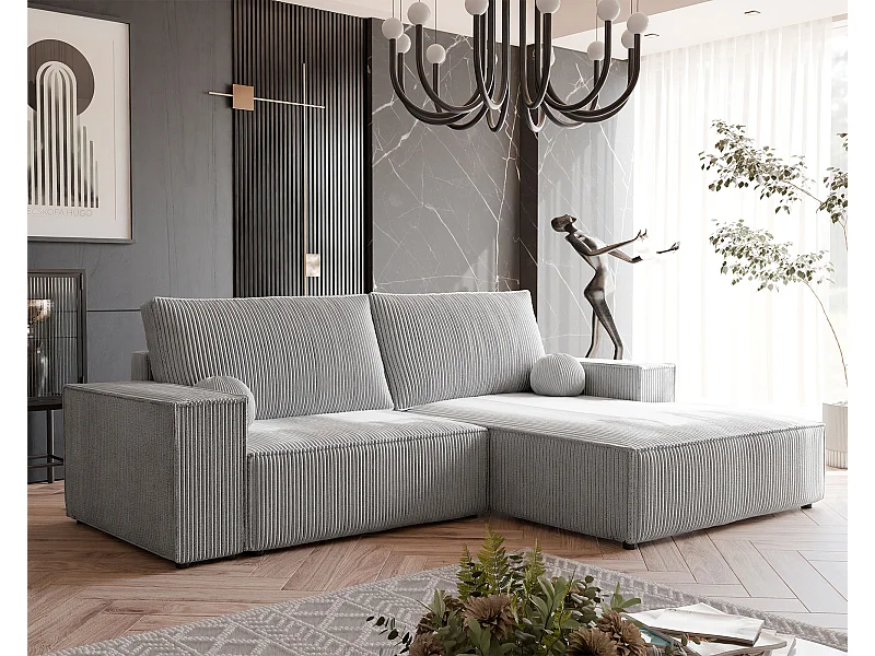 Canapé d'angle droit convertible en velours côtelé, gris