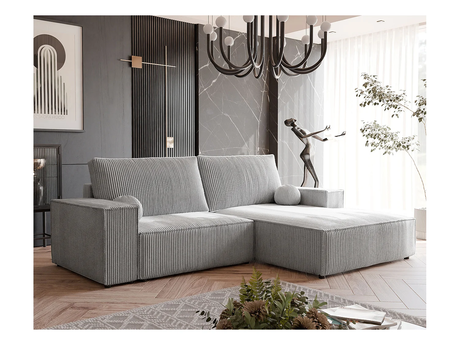 Canapé d'angle droit convertible en velours côtelé, gris