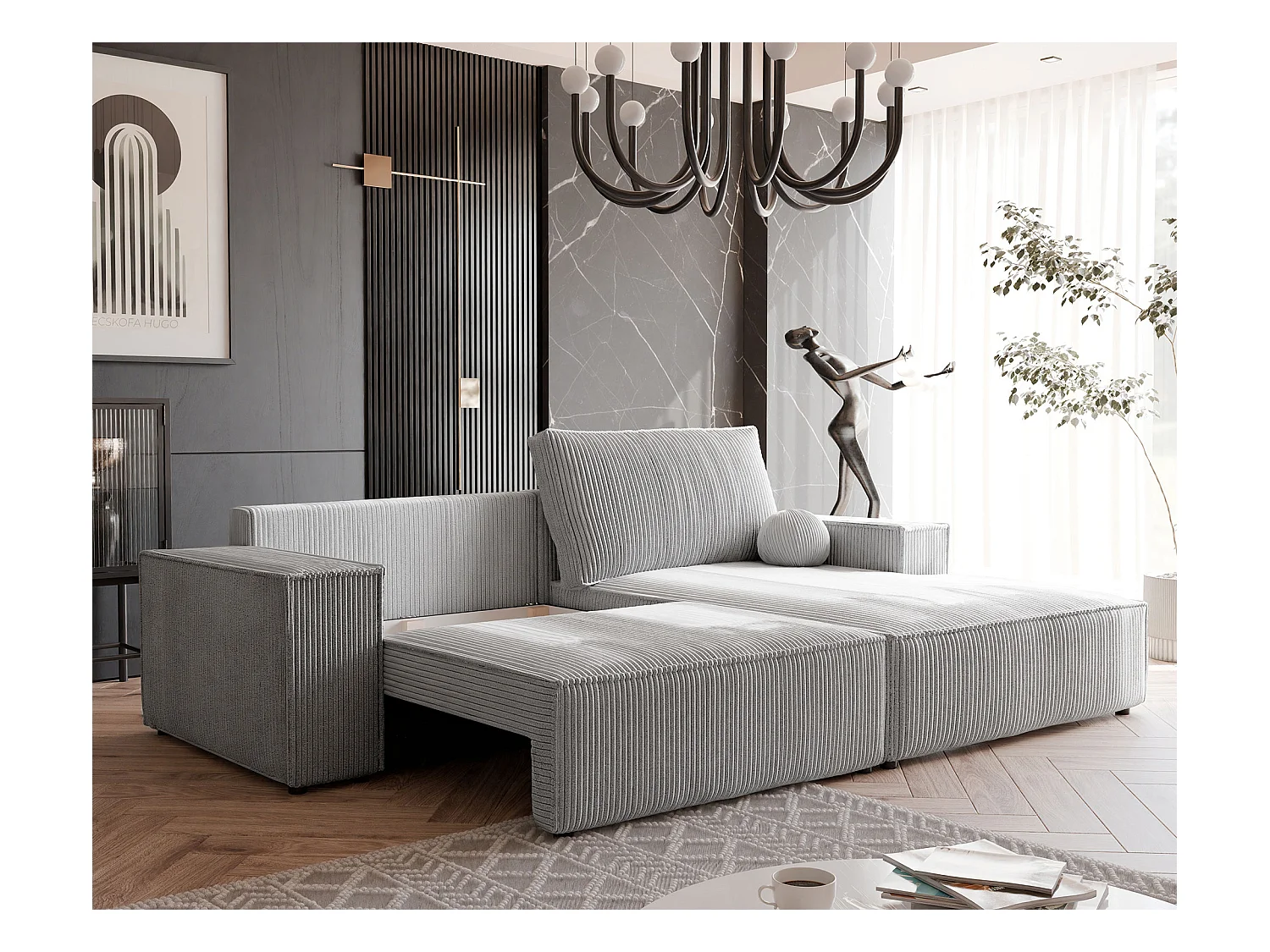 Canapé d'angle droit convertible en velours côtelé, gris