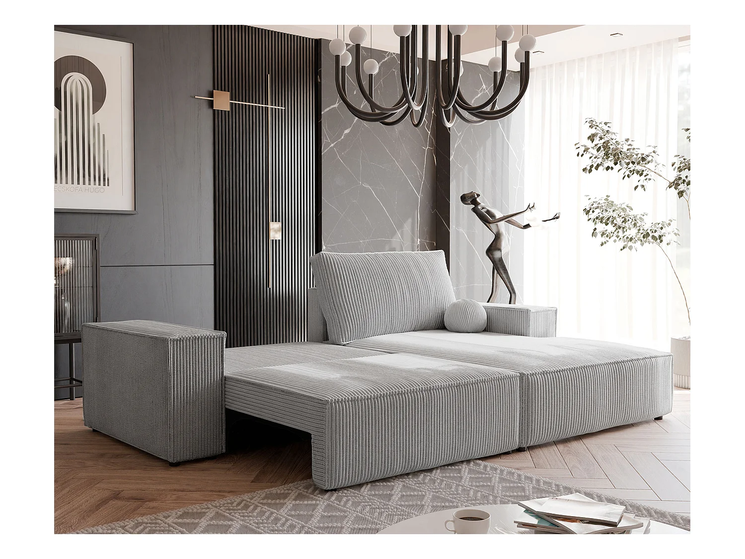 Canapé d'angle droit convertible en velours côtelé, gris