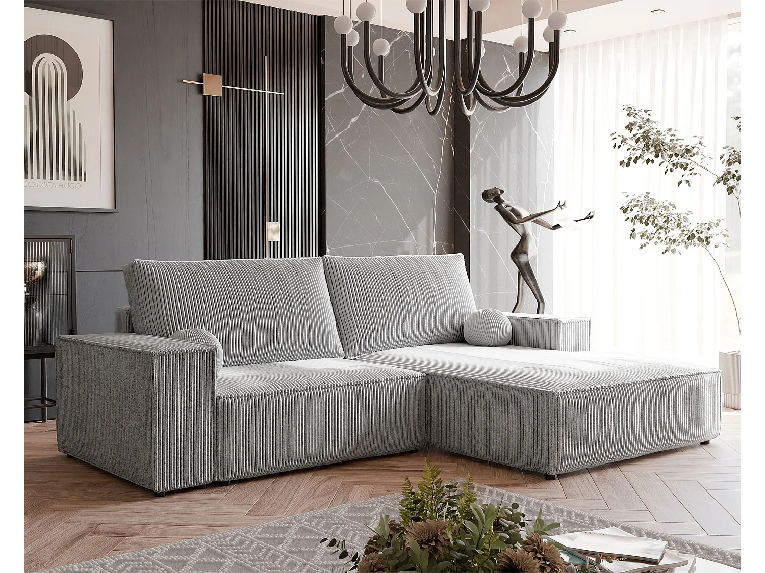 Canapé d'angle droit convertible en velours côtelé, gris