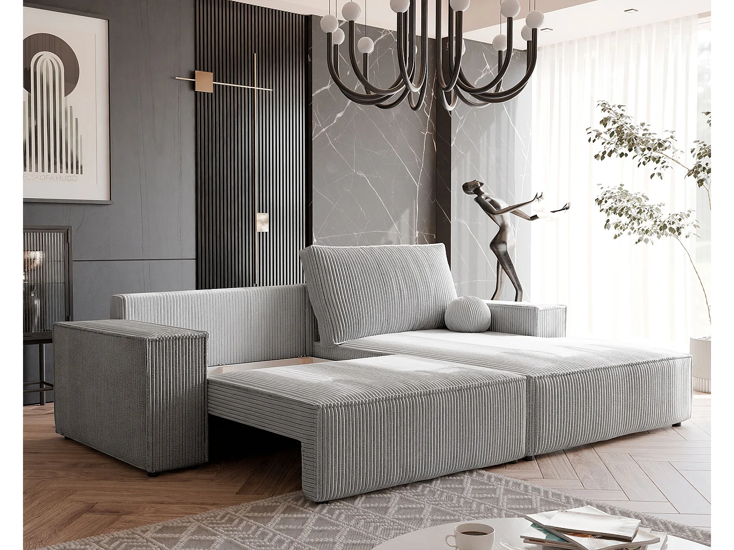 Canapé d'angle droit convertible en velours côtelé, gris