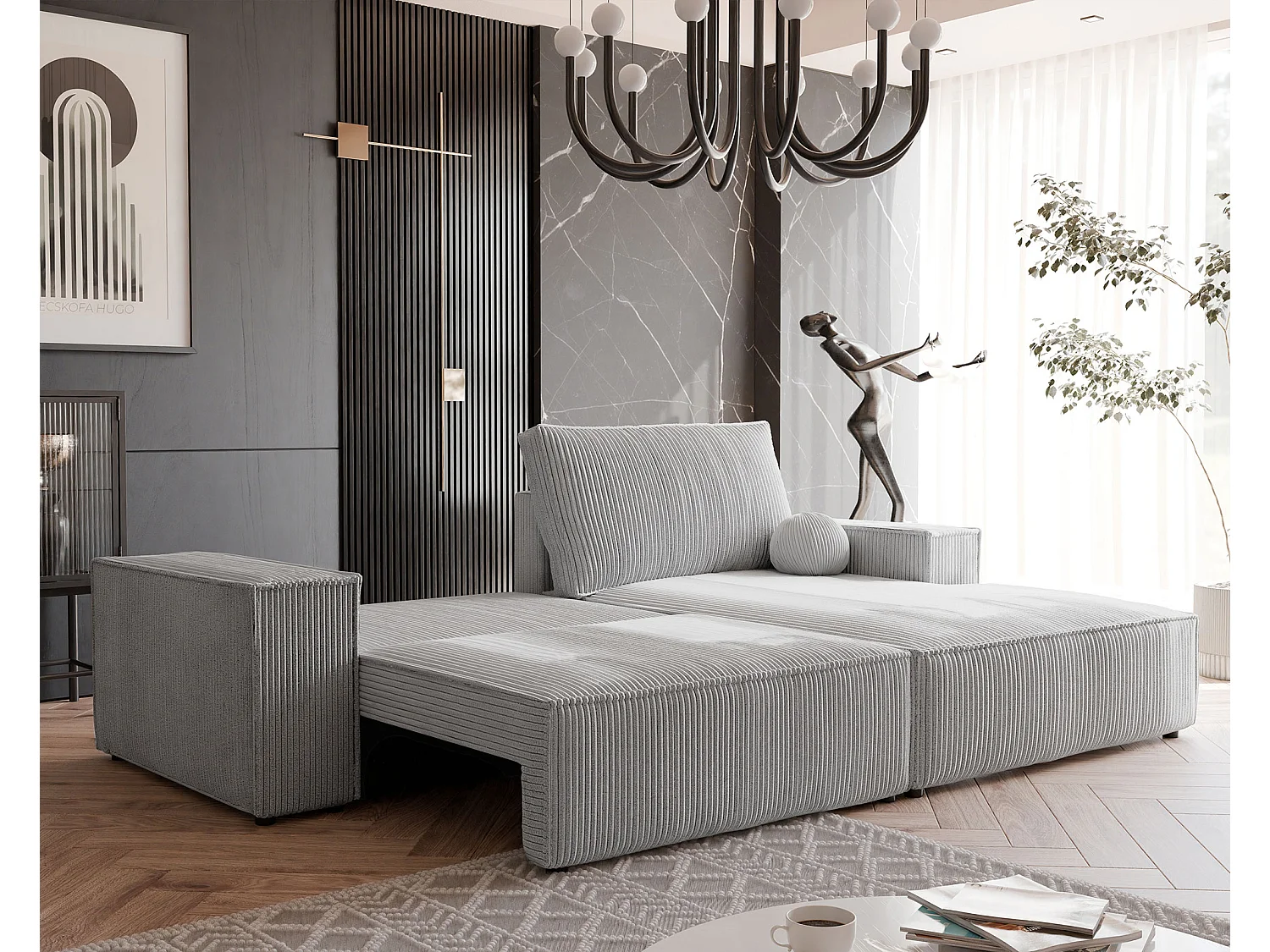 Canapé d'angle droit convertible en velours côtelé, gris