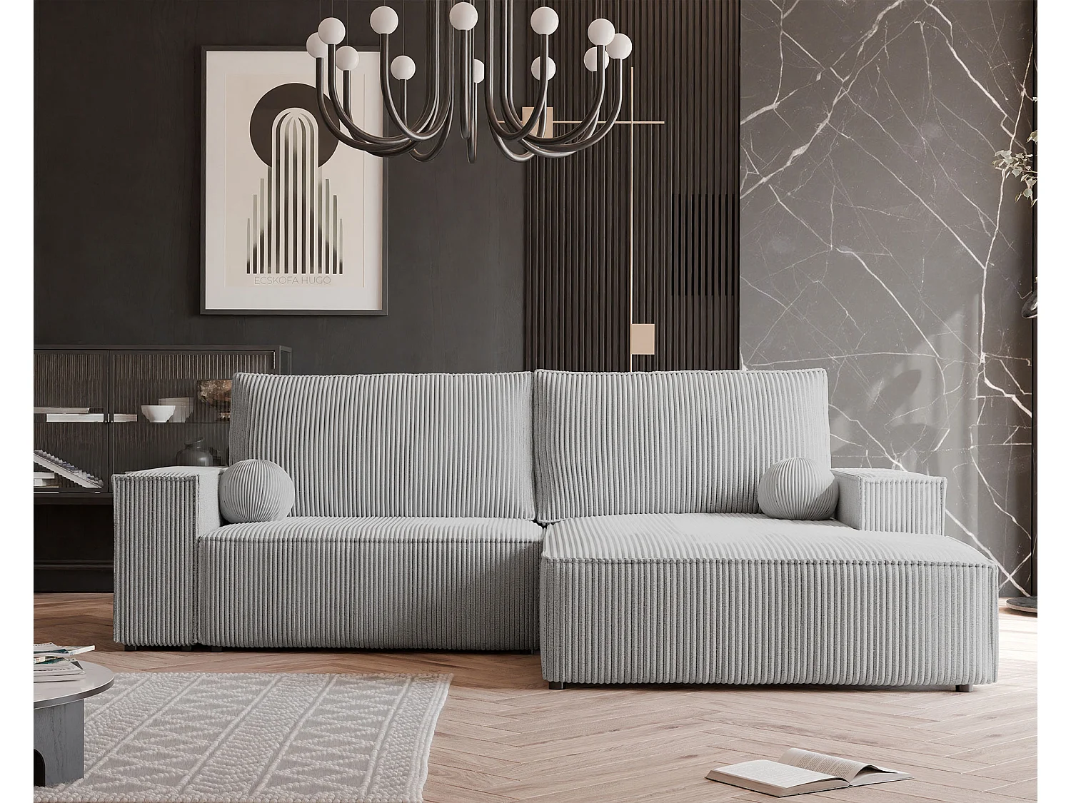 Canapé d'angle droit convertible en velours côtelé, gris