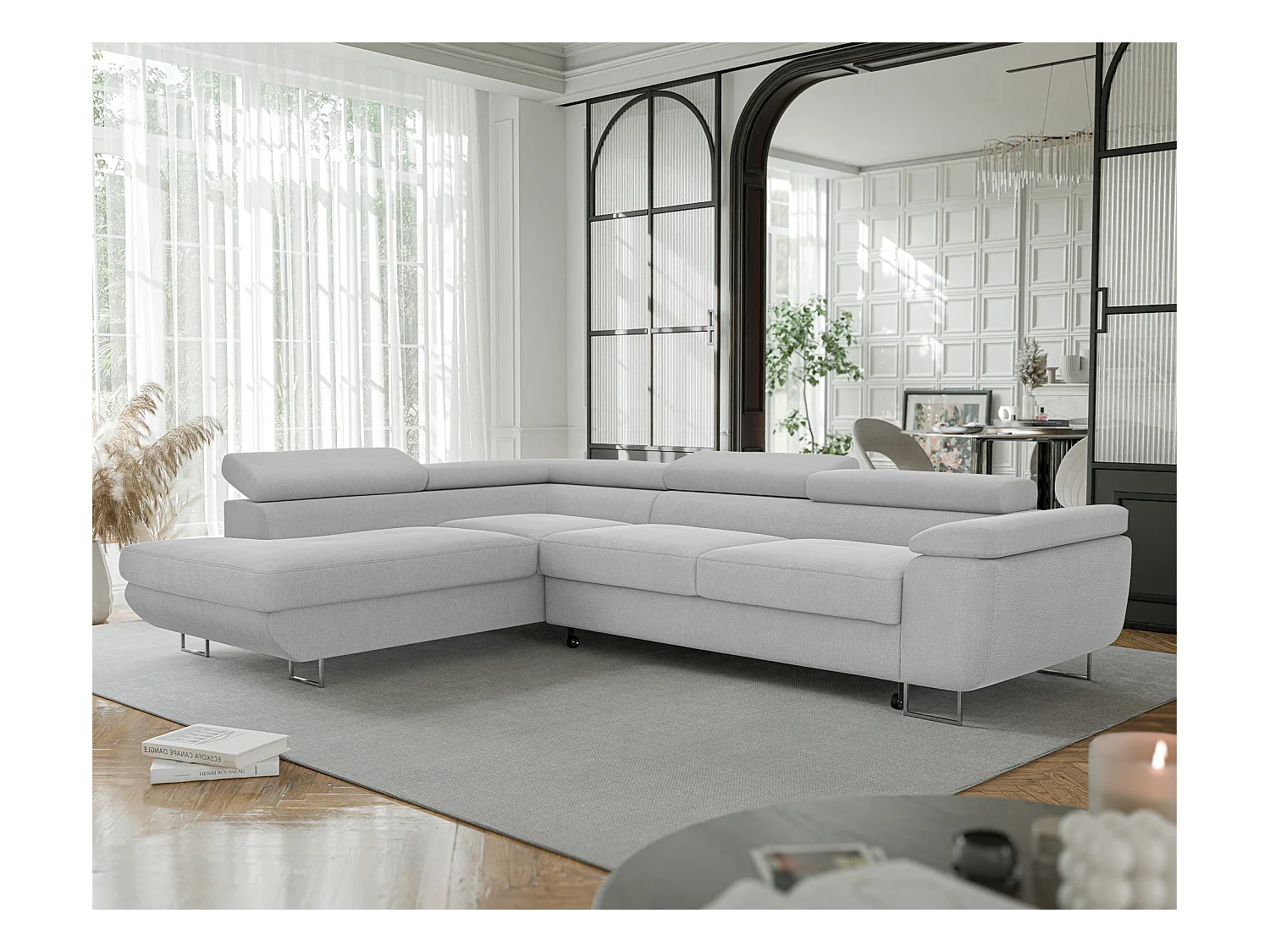 Canapé d'angle gauche convertible en tissu gris clair