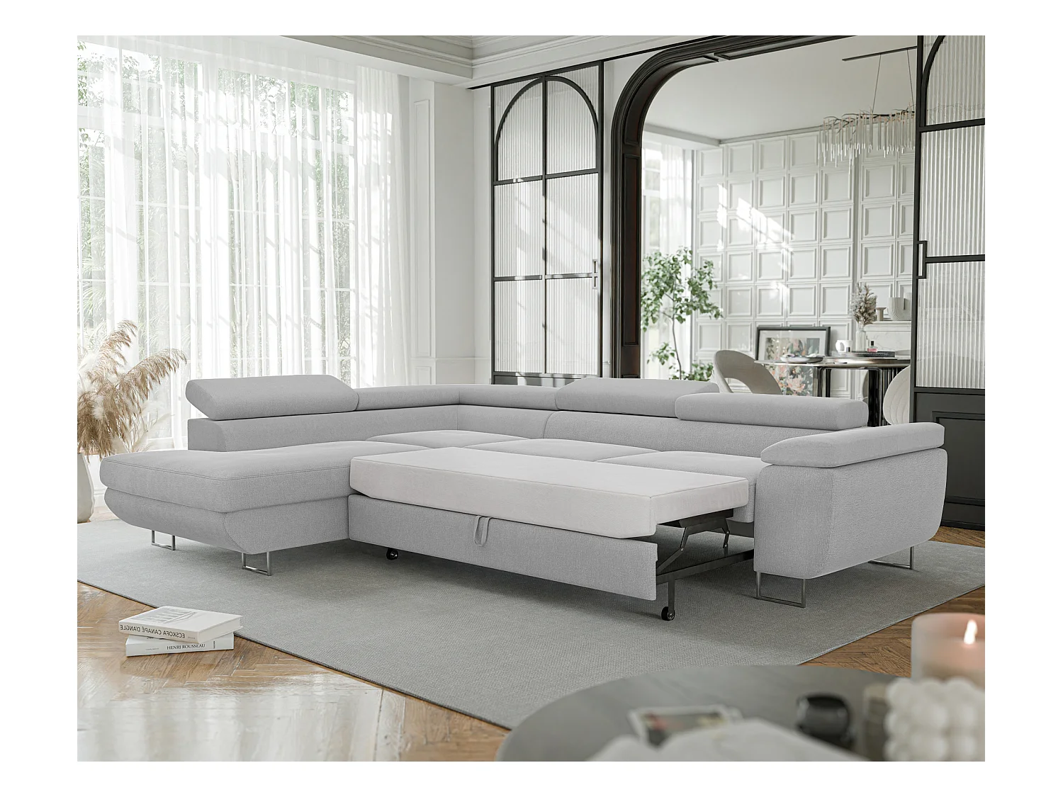 Canapé d'angle gauche convertible en tissu gris clair