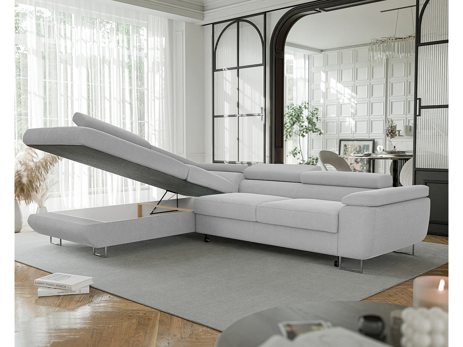 Canapé d'angle gauche convertible en tissu gris clair