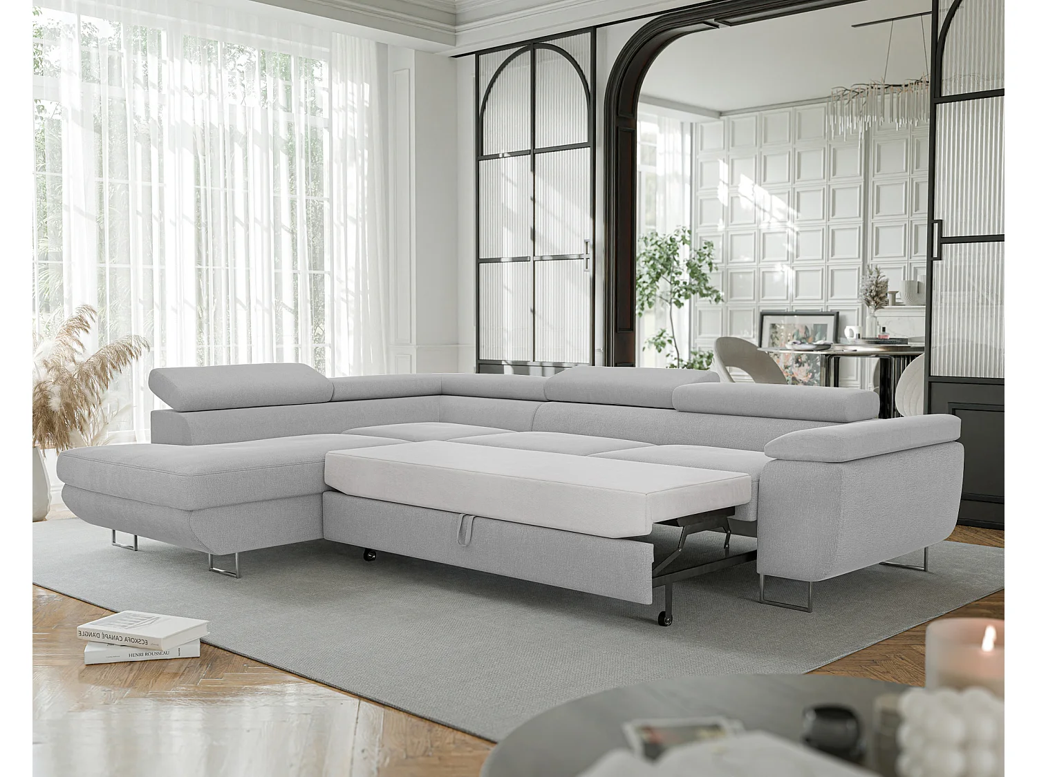 Canapé d'angle gauche convertible en tissu gris clair