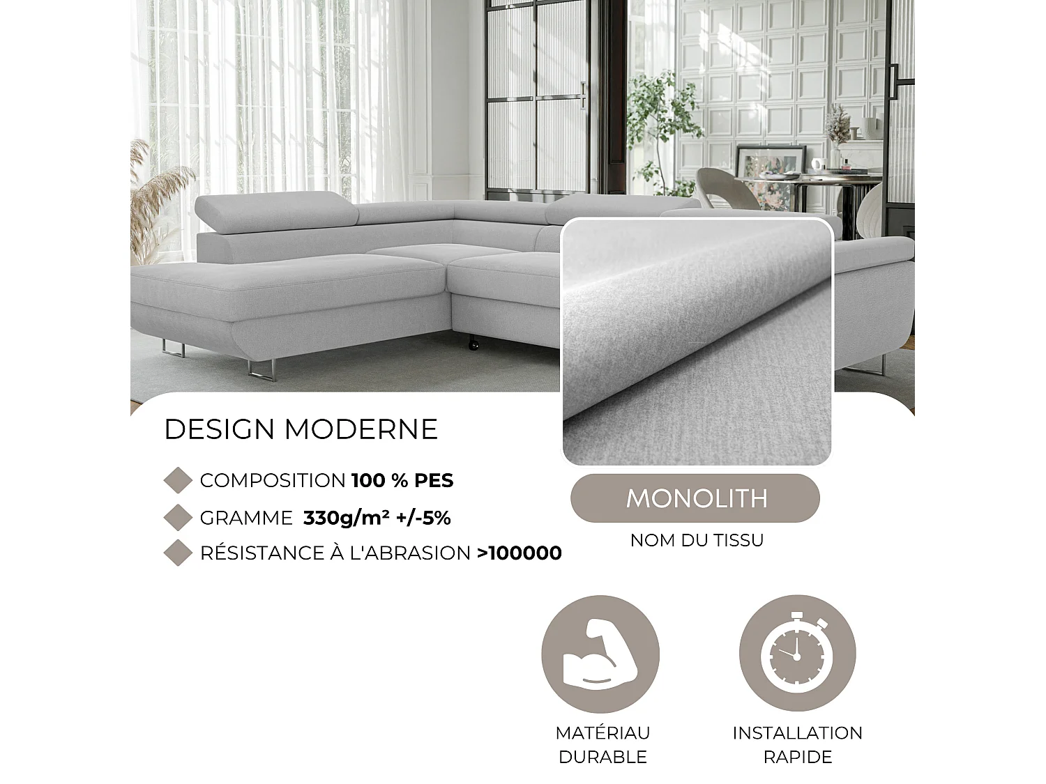 Canapé d'angle gauche convertible en tissu gris clair